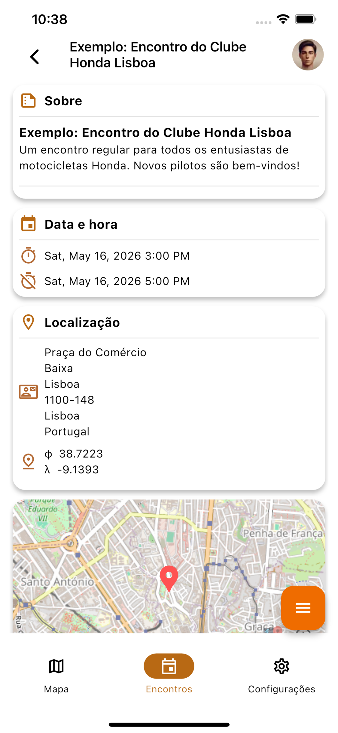 Moto Club Hub app screenshot showing the mobile interface